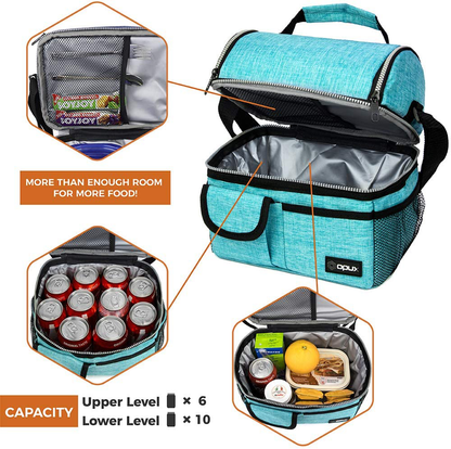 OPUX Insulated Dual Compartment Lunch Bag for Men, Women | Double Deck Reusable Lunch Pail Cooler Bag with Shoulder Strap, Soft Leakproof Liner | Large Lunch Box Tote for Work, School (Green)