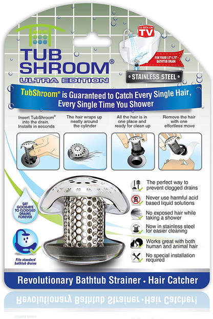 TubShroom Ultra Revolutionary Bath Tub Drain Protector Hair Catcher/Strainer/Snare, Stainless Steel