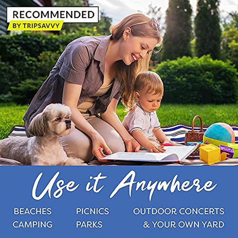 Extra Large Picnic Blanket Dual Layers for Outdoor Water-Resistant Handy Mat Tote Spring Summer Blue and White Striped for The Beach, Camping on Grass