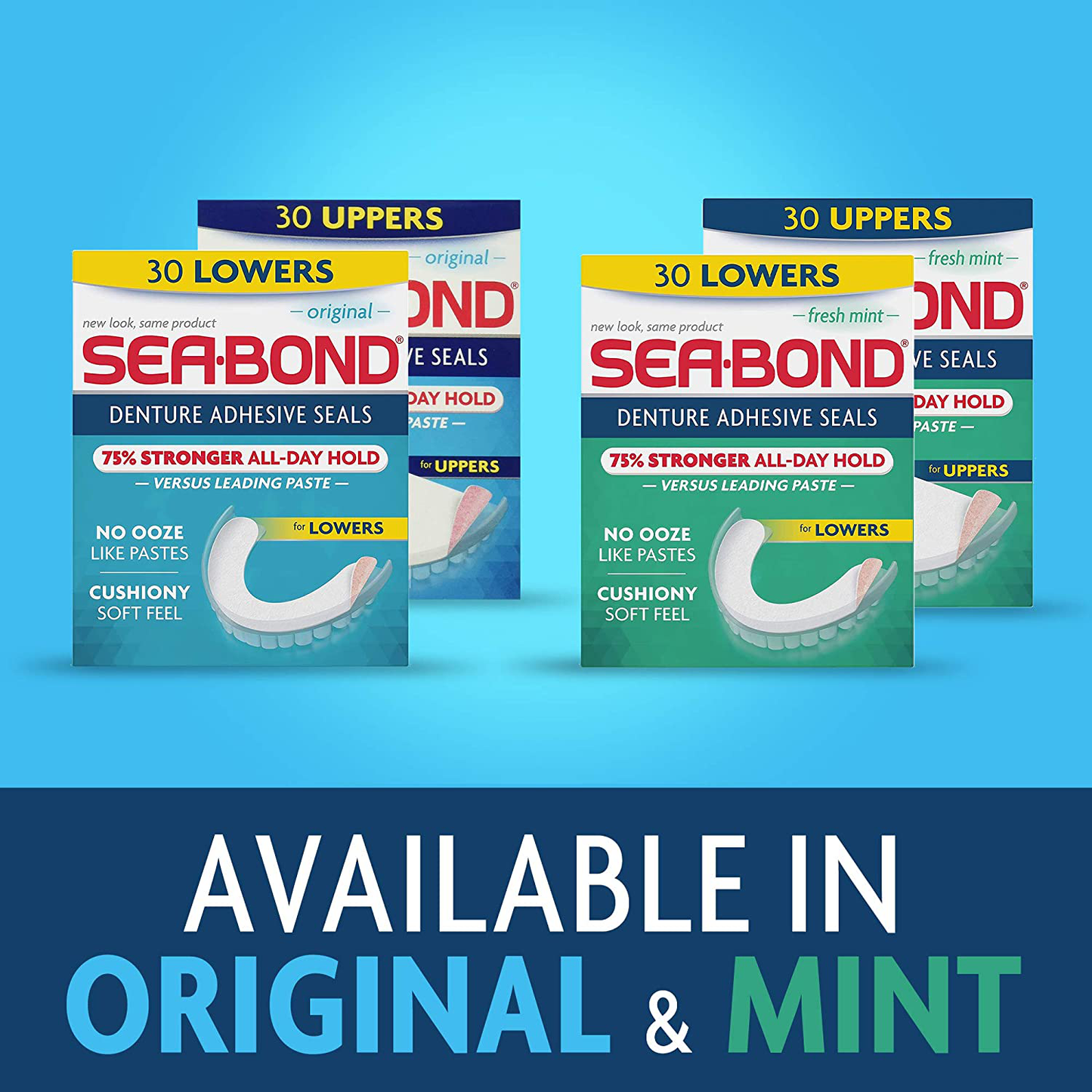 Sea Bond Secure Denture Adhesive Seals, Fresh Mint Uppers, Zinc Free, All Day Hold, Mess Free, 30 Count