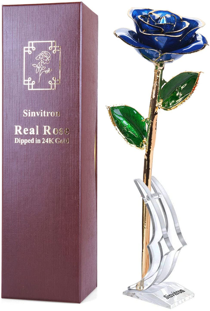 Gold Dipped Rose, Sinvitron Long Stem 24k Gold Dipped Real Rose Lasted Forever with Stand, Best Anniversary Gifts for Her