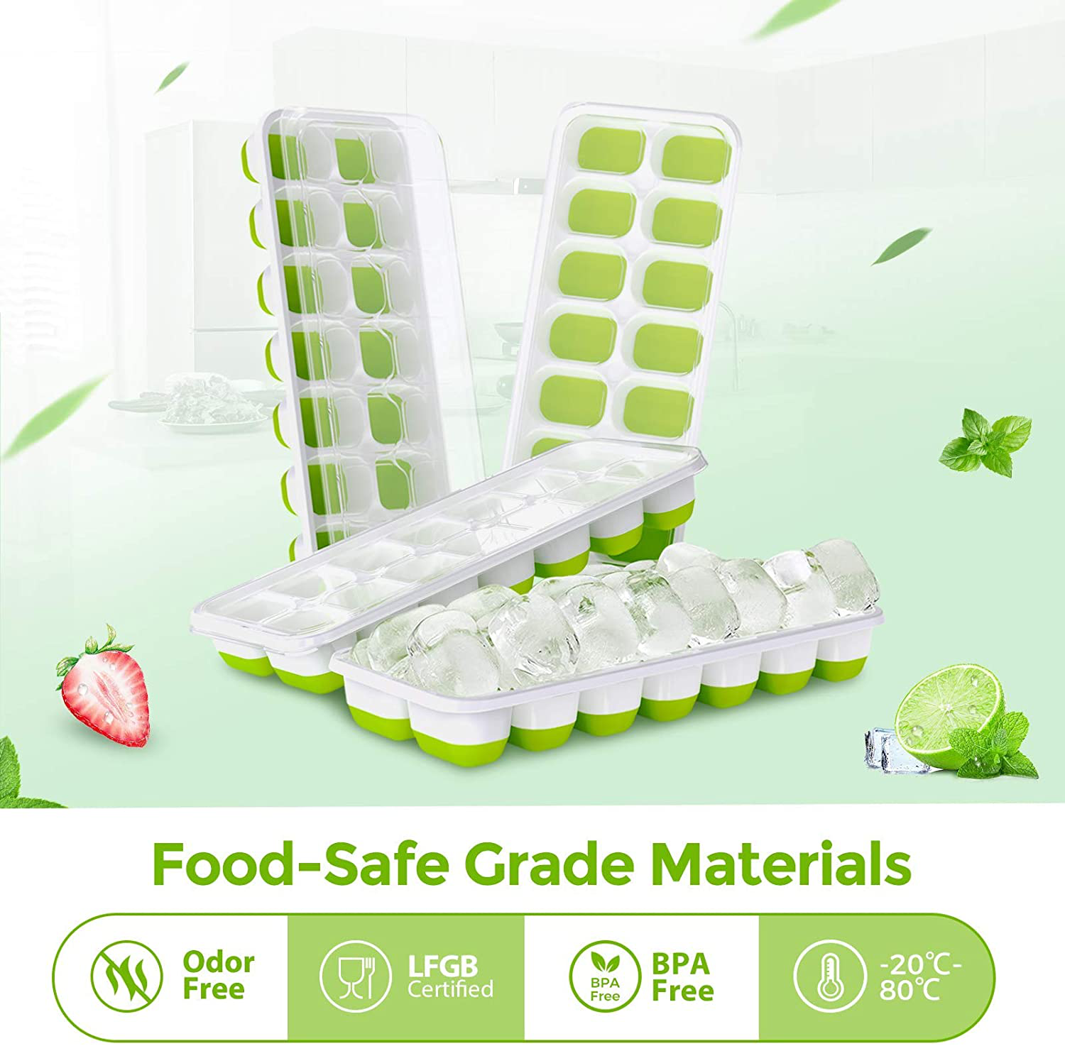 DOQAUS Ice Cube Trays 4 Pack, Easy-Release Silicone & Flexible 14-Ice Cube Trays with Spill-Resistant Removable Lid, LFGB Certified and BPA Free, for Cocktail, Freezer, Stackable Ice Trays