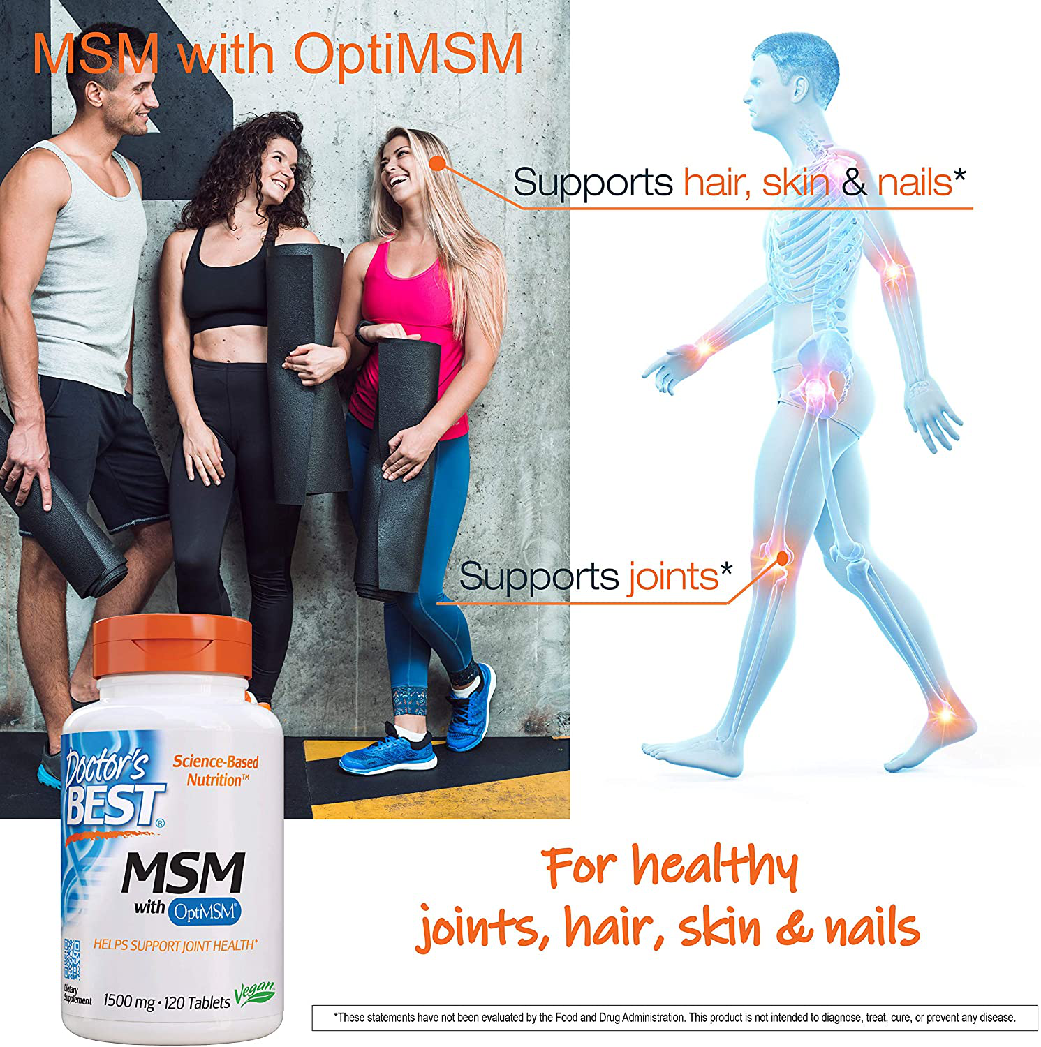 Doctor's Best MSM with OptiMSM, Non-GMO, Gluten Free, Joint Support, 1500 mg, 120 Tablets (DRB-00097)