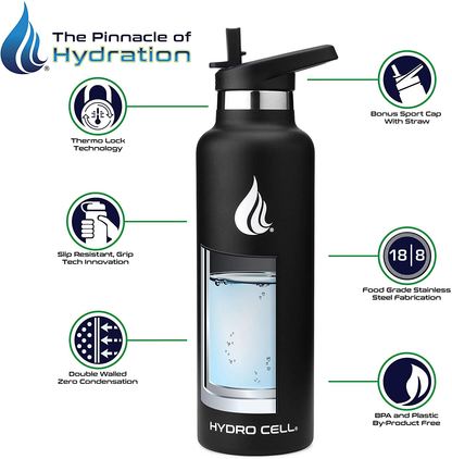 Hydro Cell Stainless Steel Water Bottle with Straw & Standard Mouth Lids (32oz 24oz 20oz 16oz) - Keeps Liquids Hot or Cold with Double Wall Vacuum Insulated Sweat Proof Sport Design (Red 32oz)