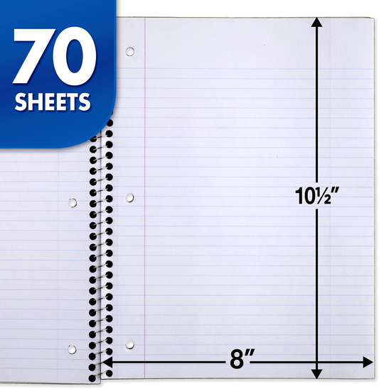 Mead Spiral Notebooks, 1 Subject, College Ruled Paper, 70 Sheets, Colored Note Books, Lined Paper, Home School Supplies for College Students & K-12, 10 1/2" x 8”, Assorted Colors, 6 Pack (73065)