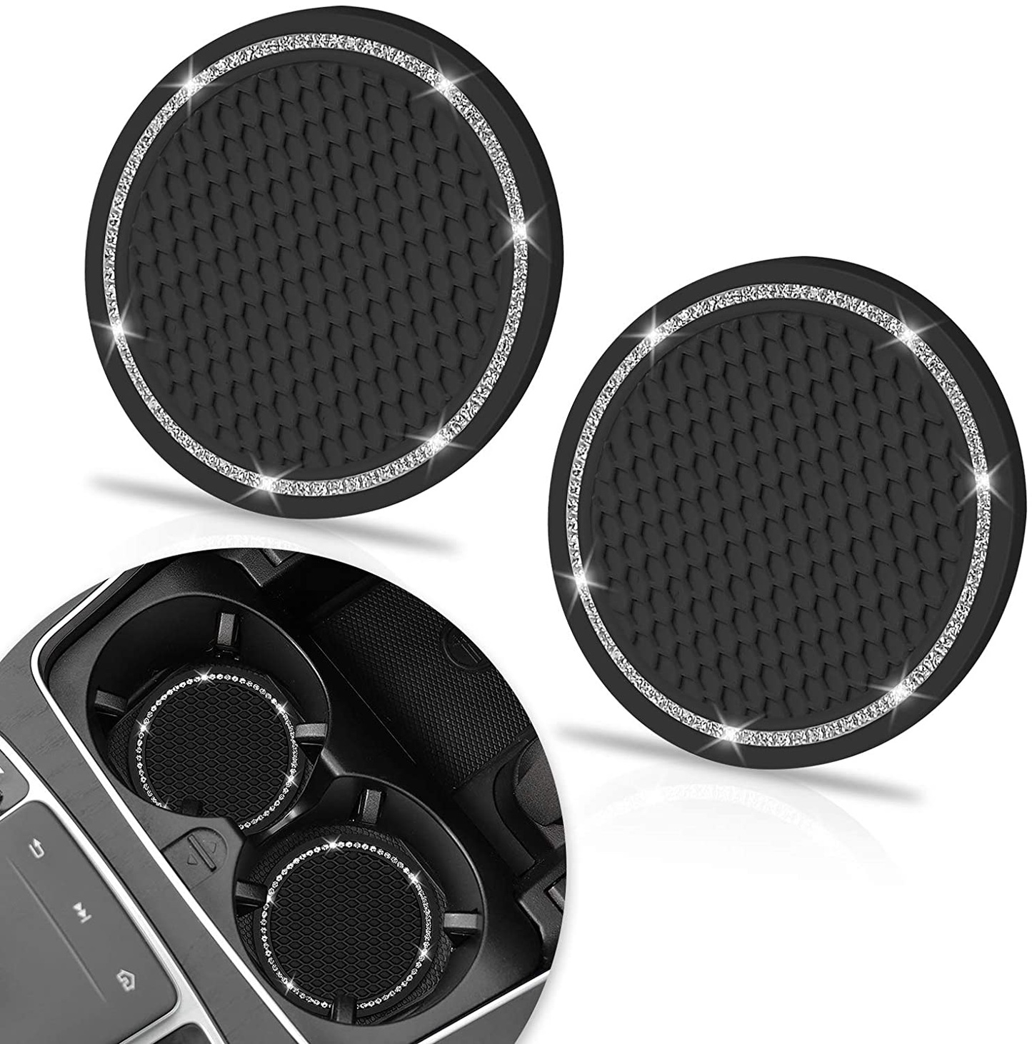 Bling Car Coaster, SHANSHUI 6 Pack Universal Vehicle Cup Holders for Car Cute Silicone Anti-Slip Insert Coaster Crystal Rhinestone Interior Accessories Suitable for Most Cars (Black/ 6Pcs)