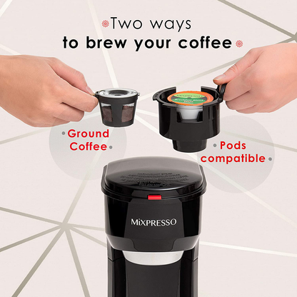Mixpresso Original Design 2 in 1 Coffee Brewer Pods Compatible & Ground Coffee, Personal Coffee Brewer Machine,Compact Size Mini Coffee Maker, Quick Brew Technology (14 oz) (White)