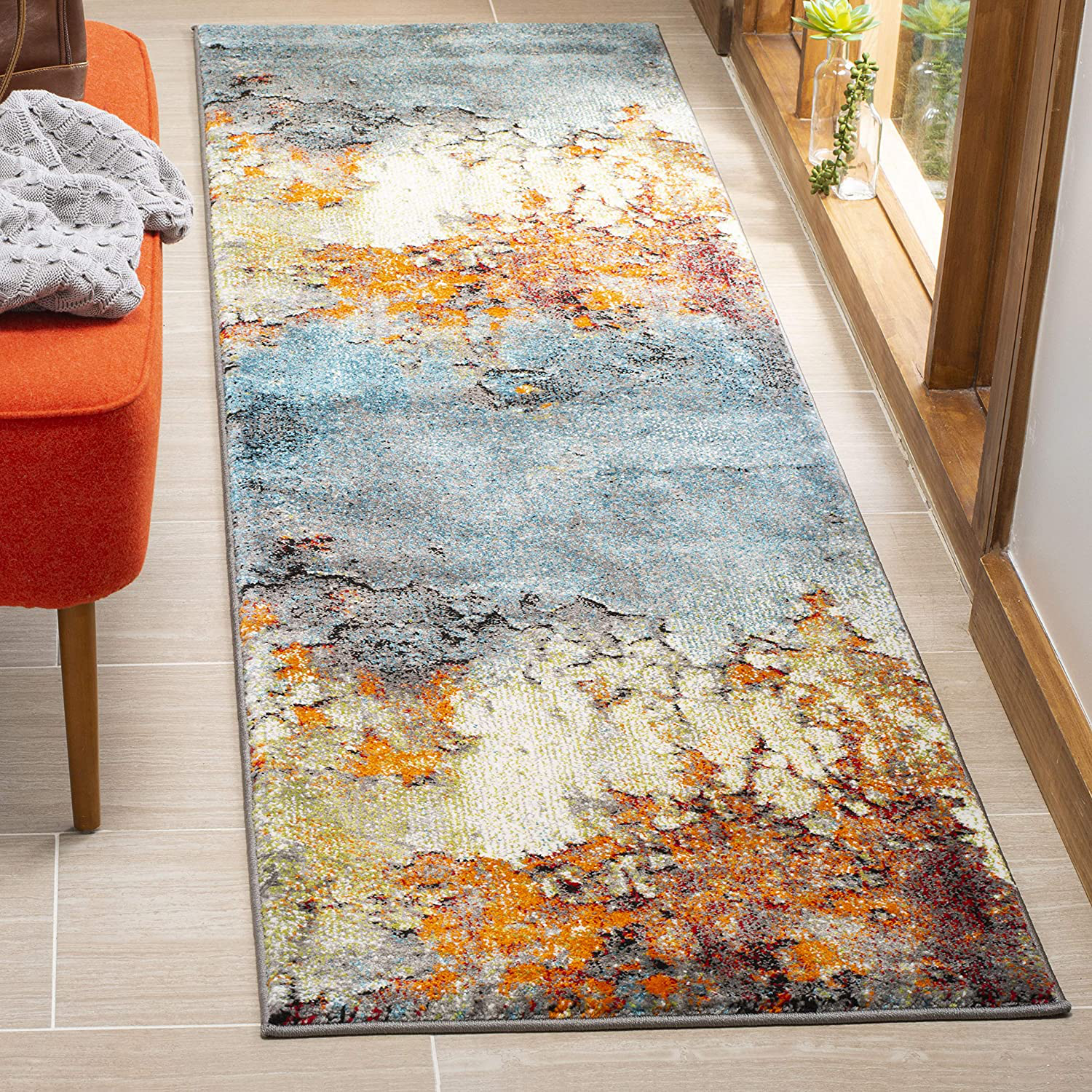 Safavieh Glacier Collection GLA125B Modern Abstract Non-Shedding Stain Resistant Living Room Bedroom Runner, 2'3" x 8' , Blue / Multi