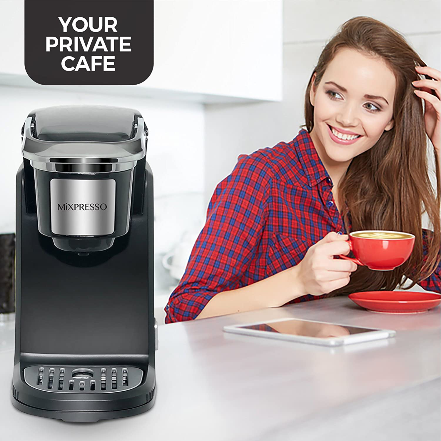 Mixpresso, Single Cup Coffee Maker | Personal Single Serve Coffee Machine, Compatible with KCup | Quick Brew Technology, Programmable Features, One Touch Function (Dark Grey)