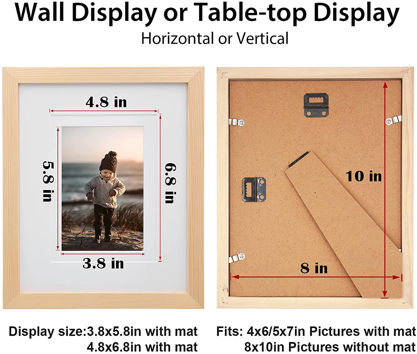 KINLINK 8x10 Picture Frames Natural Wood Frames with Acrylic Plexiglass for Pictures 4x6/5x7 with Mat or 8x10 Without Mat, Tabletop and Wall Mounting Display, Set of 4