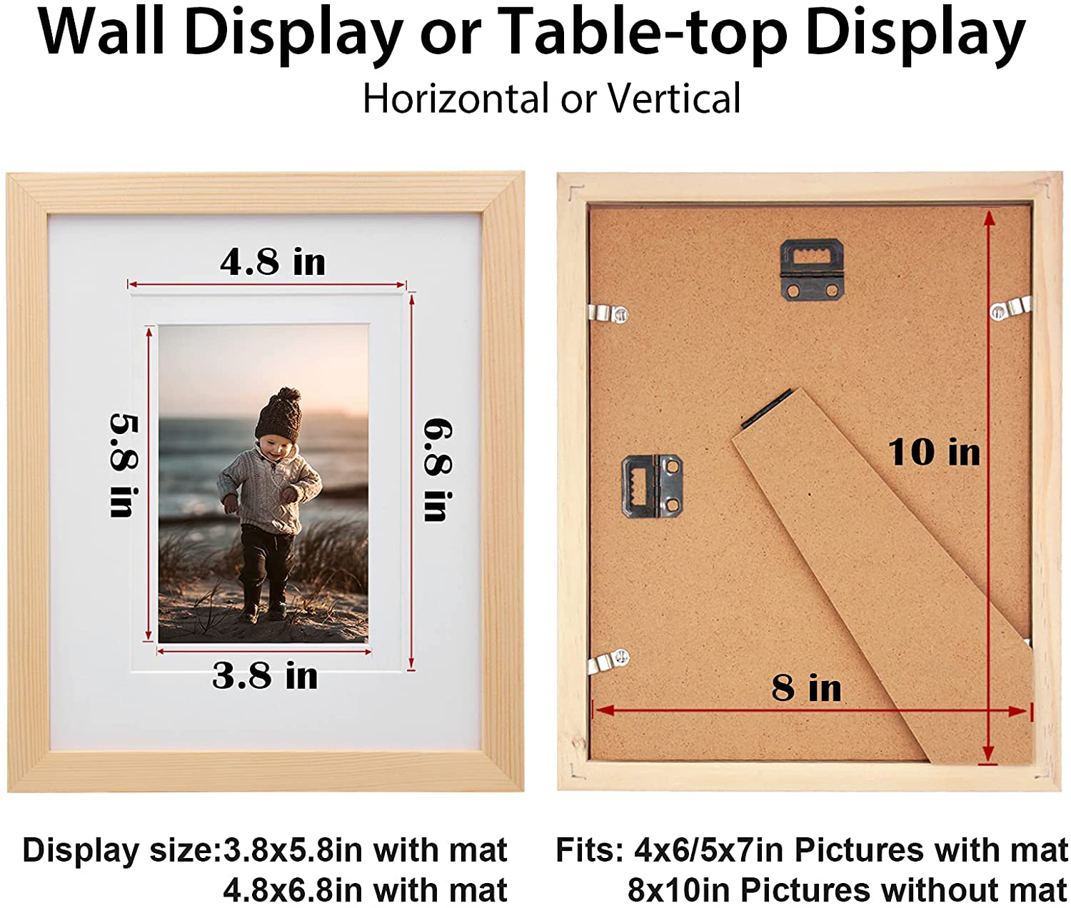 KINLINK 8x10 Picture Frames Natural Wood Frames with Acrylic Plexiglass for Pictures 4x6/5x7 with Mat or 8x10 Without Mat, Tabletop and Wall Mounting Display, Set of 4
