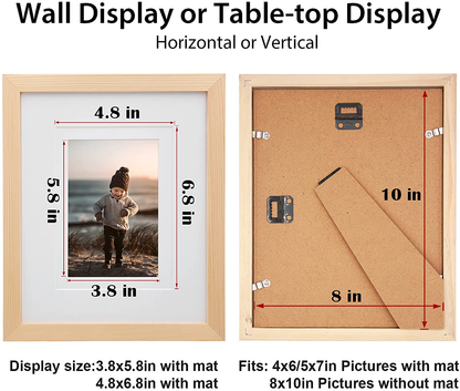KINLINK 8x10 Picture Frames Natural Wood Frames with Acrylic Plexiglass for Pictures 4x6/5x7 with Mat or 8x10 Without Mat, Tabletop and Wall Mounting Display, Set of 4