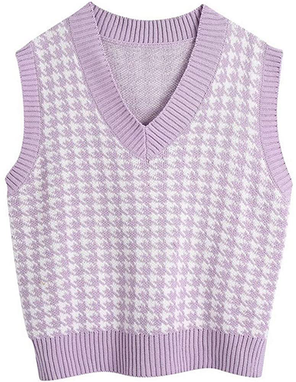 Jlihang Oversized Houndstooth Knitted Vest Sweater Vintage V Neck Loose Sleeveless Sweater