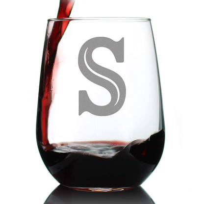 Monogram Bold Letter M - Stemless Wine Glass - Personalized Gifts for Women and Men - Large Engraved Glasses