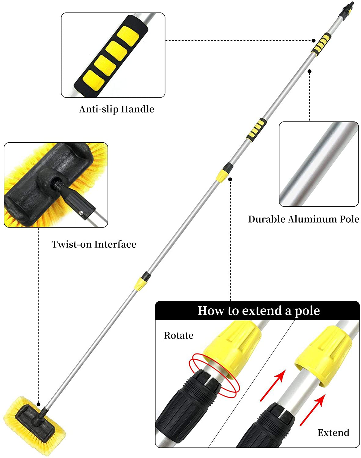 Buyplus Car Wash Brush with Long Handle - 12 Foot Telescopic Flow Through Car Washing Brush with Hose Attachment, Soft Bristle Head for RV, Trucks, No Scratch Dip Car Cleaning Water Brush