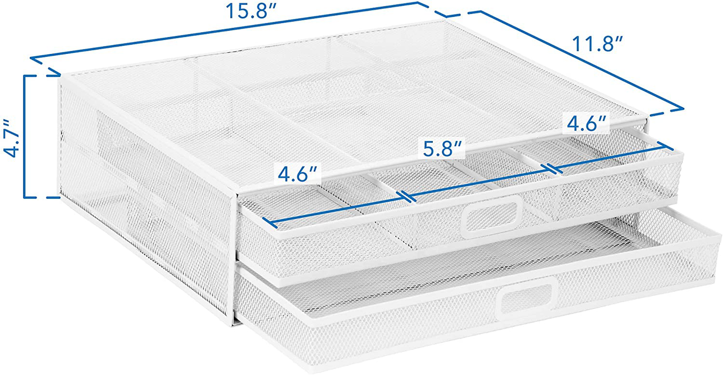 MOUNT-IT! Mesh Computer Monitor Stand Riser [Metal] Desk Organizer with Two Pullout Storage Drawers for Desktop, Laptop, and Printer Accessories and Office Supplies (White)