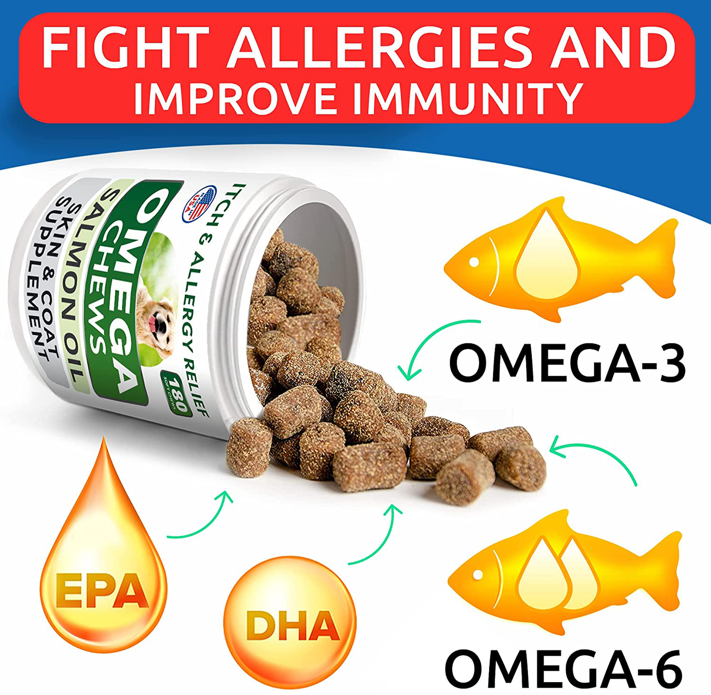 Bark&Spark Omega 3 for Dogs - 180 Fish Oil Chews - Allergy and Itch Relief - Anti-Shedding - Hot Spots Treatment - Joint Health - Skin and Coat Supplement - EPA & DHA Fatty Acids - Salmon Oil