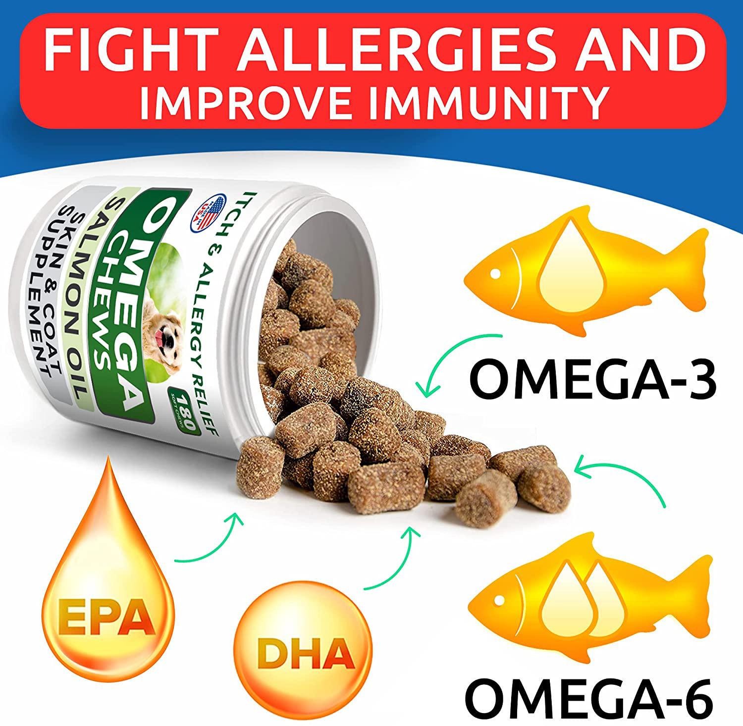 Bark&Spark Omega 3 for Dogs - 180 Fish Oil Chews - Allergy and Itch Relief - Anti-Shedding - Hot Spots Treatment - Joint Health - Skin and Coat Supplement - EPA & DHA Fatty Acids - Salmon Oil