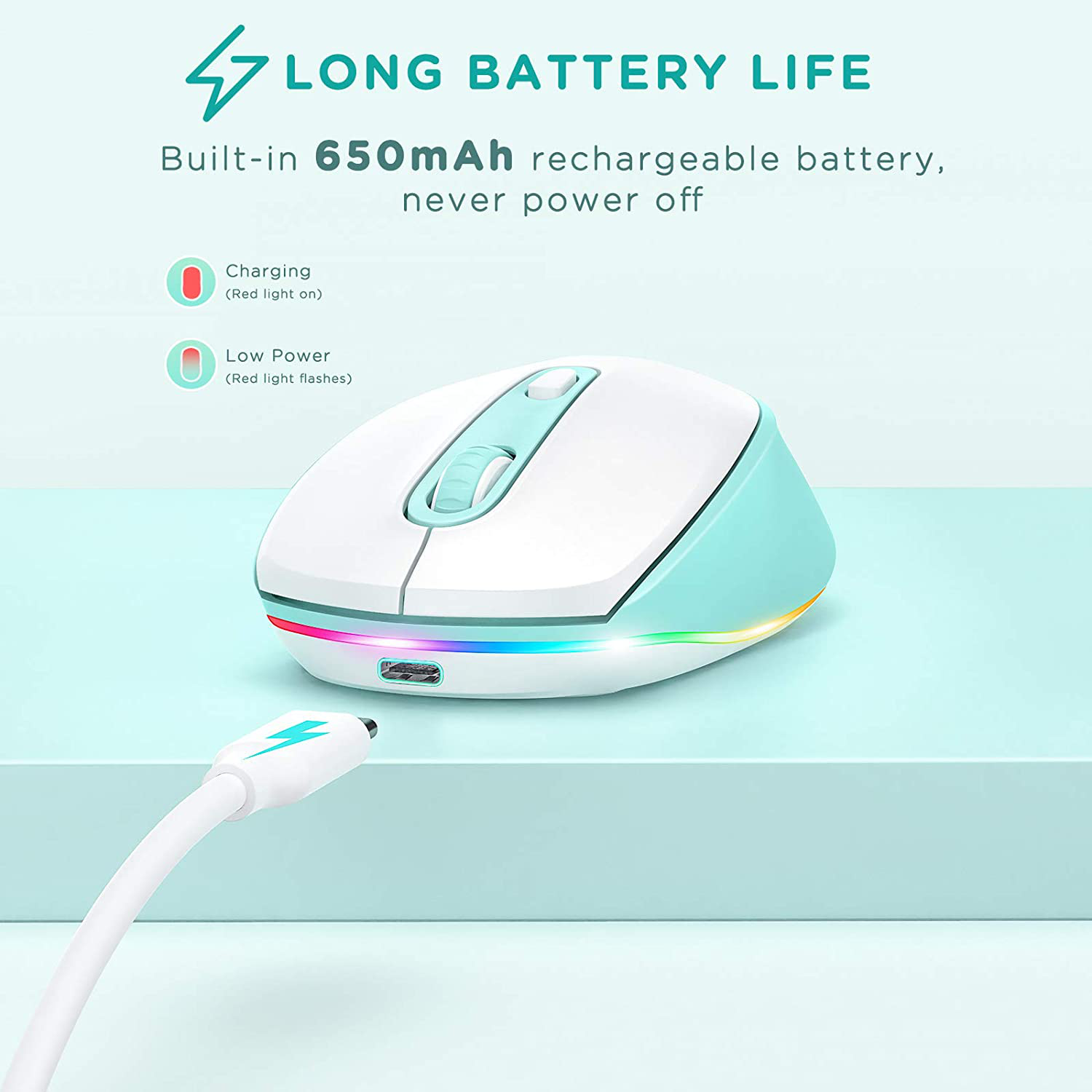 seenda Wireless Mouse, Ultra Quiet LED Light Up Mouse with USB Receiver, Rechargeable Cordless Mice and 3 Adjustable DPI for PC Laptop Computer Chromebook, Mint Green