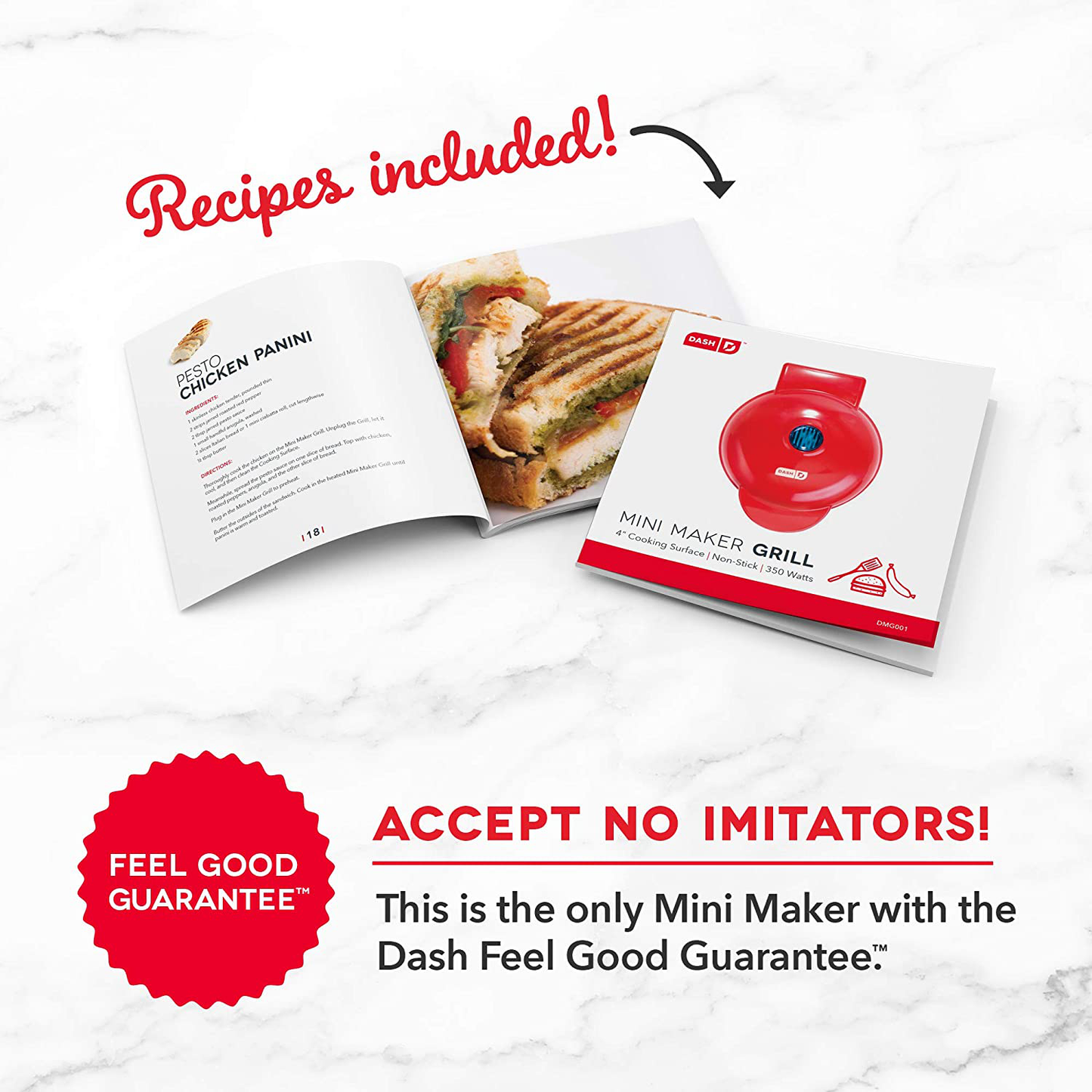 Dash Mini Maker Portable Grill Machine + Panini Press for Gourmet Burgers, Sandwiches, Chicken + Other On the Go Breakfast, Lunch, or Snacks with Recipe Guide - Red