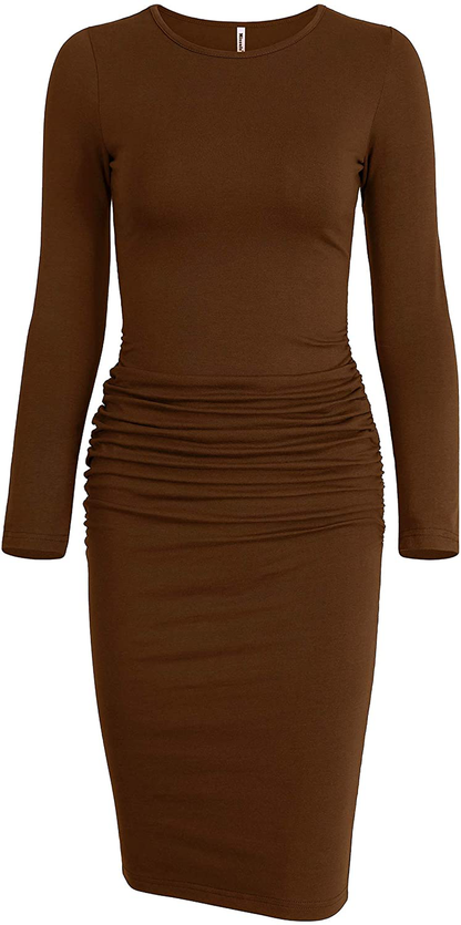 Missufe Women's Long Sleeve Ruched Casual Sundress Midi Bodycon Sheath Dress