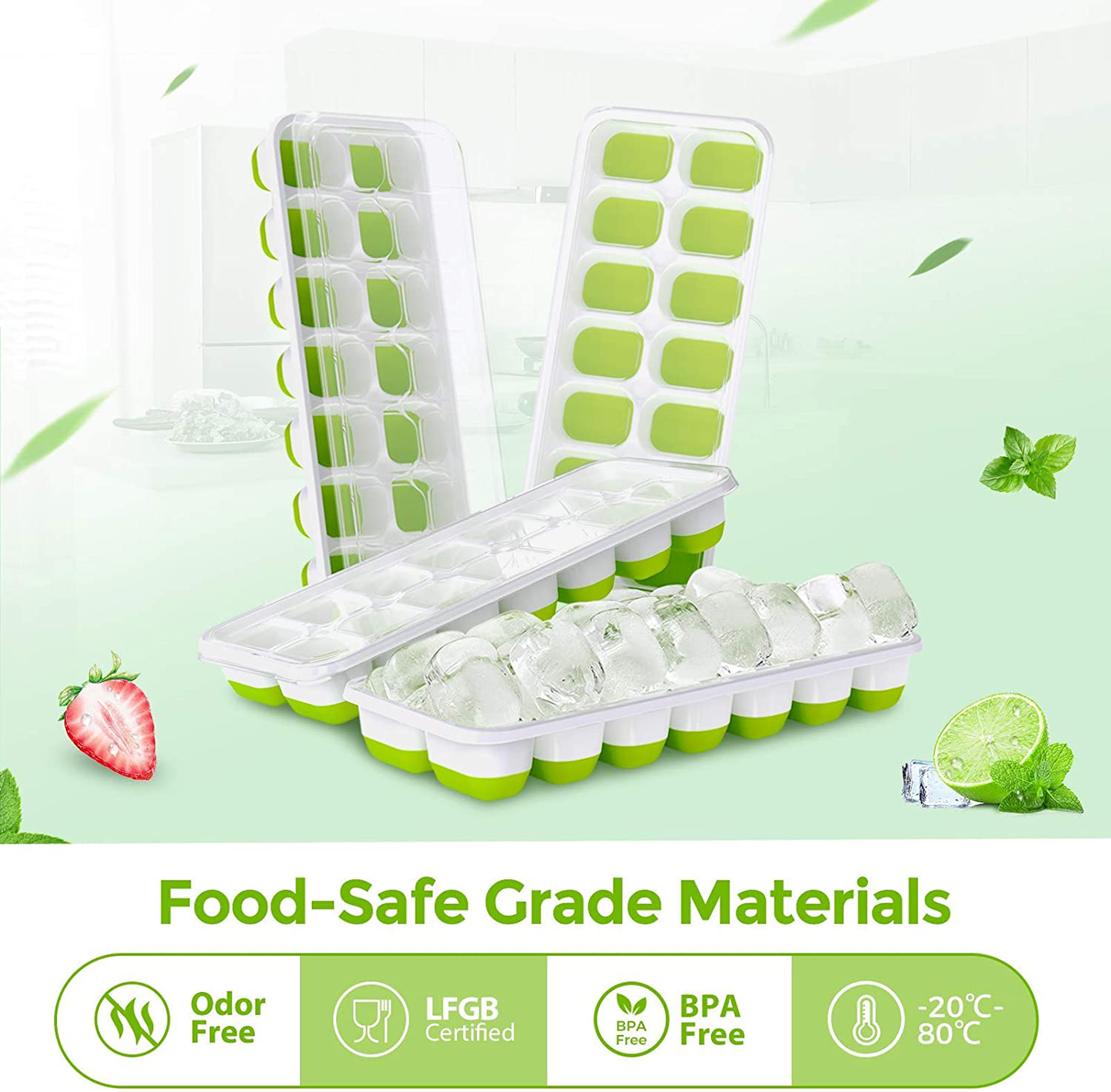 DOQAUS Ice Cube Trays 4 Pack, Easy-Release Silicone and Flexible 14-Ice Cube Trays with Spill-Resistant Removable Lid, LFGB Certified and BPA Free, for Cocktail, Beer, Stackable Flexible Ice Trays