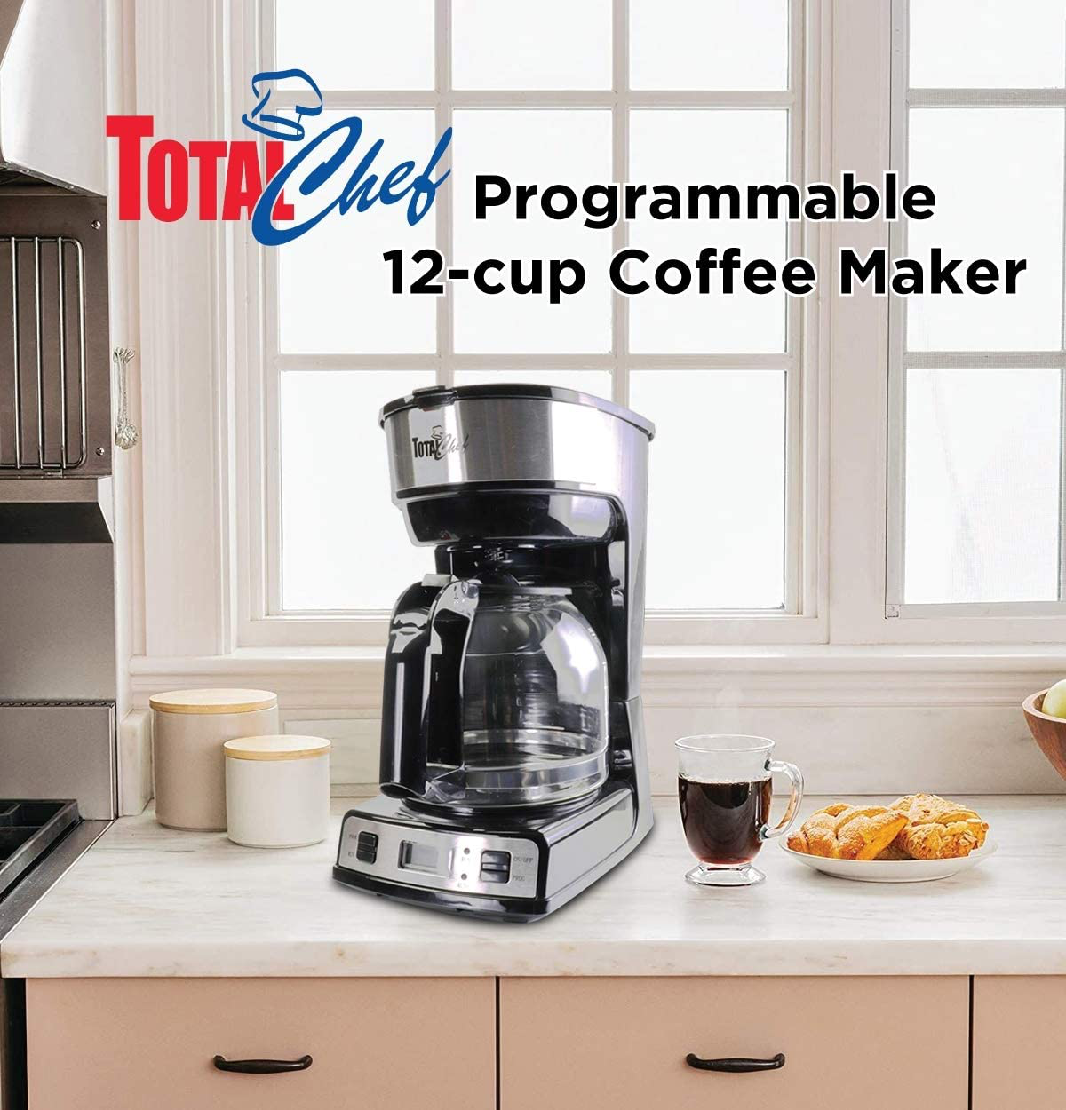 Total Chef TCCM06 Programmable Coffee Maker Stainless Steel with 12-Cup Glass Carafe, LCD Display,Easy Cleanup, Reusable Basket Filter, Countertop, Black/Gray