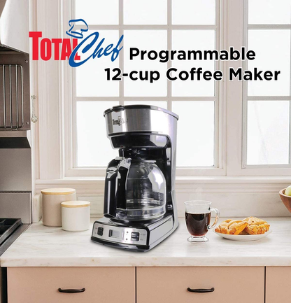 Total Chef TCCM06 Programmable Coffee Maker Stainless Steel with 12-Cup Glass Carafe, LCD Display,Easy Cleanup, Reusable Basket Filter, Countertop, Black/Gray