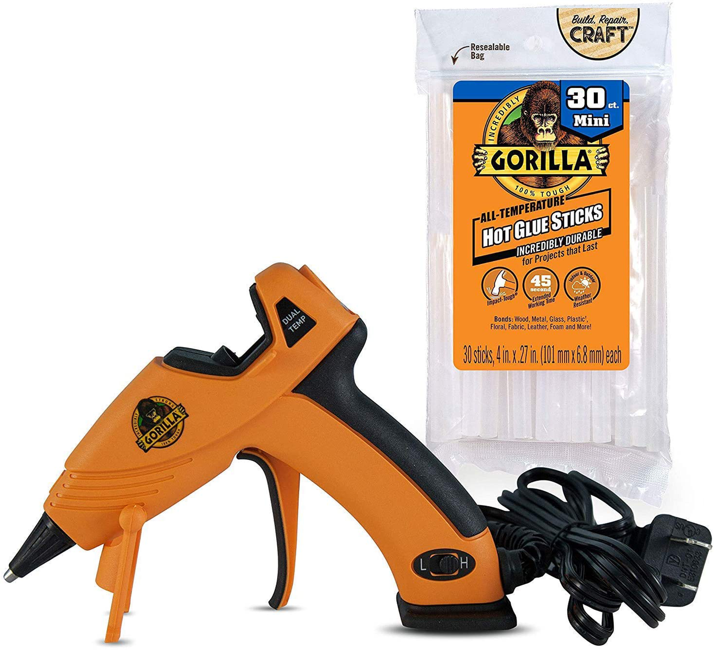 Gorilla Dual Temp Mini Hot Glue Gun Kit with 75 Hot Glue Sticks, (Pack of 1)