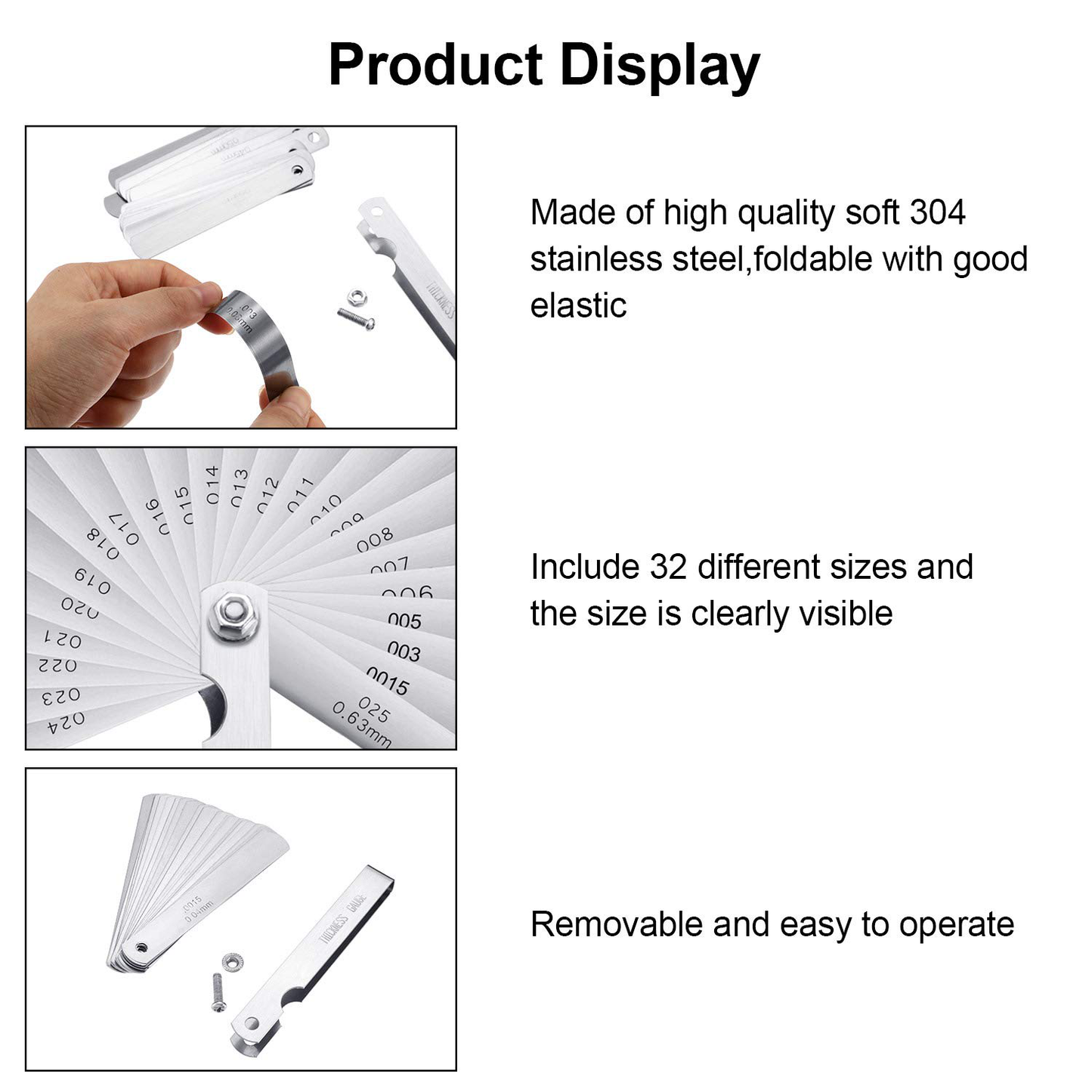 Stainless Steel Feeler Gauge Measuring Tool Dual Marked Metric and Imperial Gap Measuring (32 Blades,0.03-1 mm)