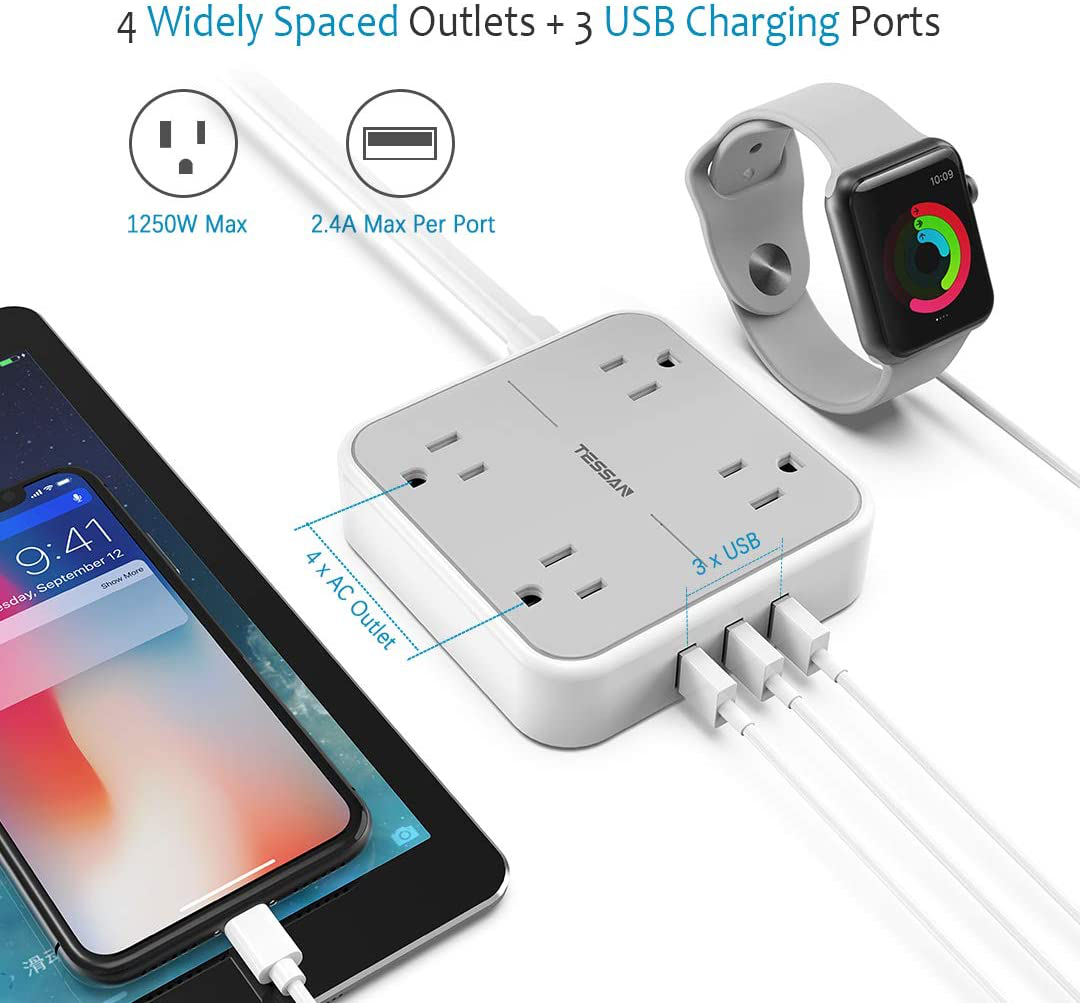 Power Strip with USB Ports, TESSAN Mountable Flat Plug Extension Cord with 4 Widely Spaced Outlets, 3 USB Charger 5 FT Power Cord, Compact Size Charging Station for Travel, Cruise Ship Essentials