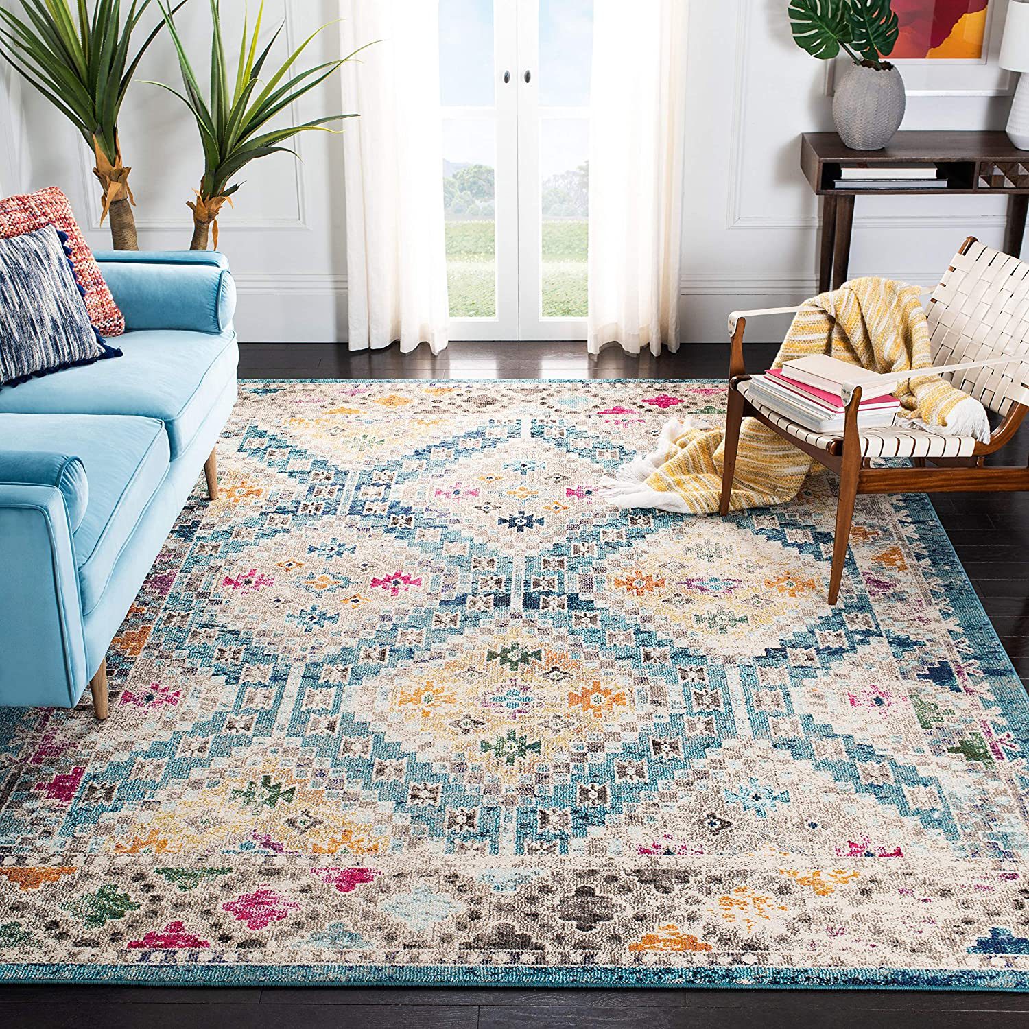 Safavieh Madison Collection MAD418N Boho Diamond Distressed Non-Shedding Stain Resistant Living Room Bedroom Area Rug, 3' x 5', Dark Blue / Yellow