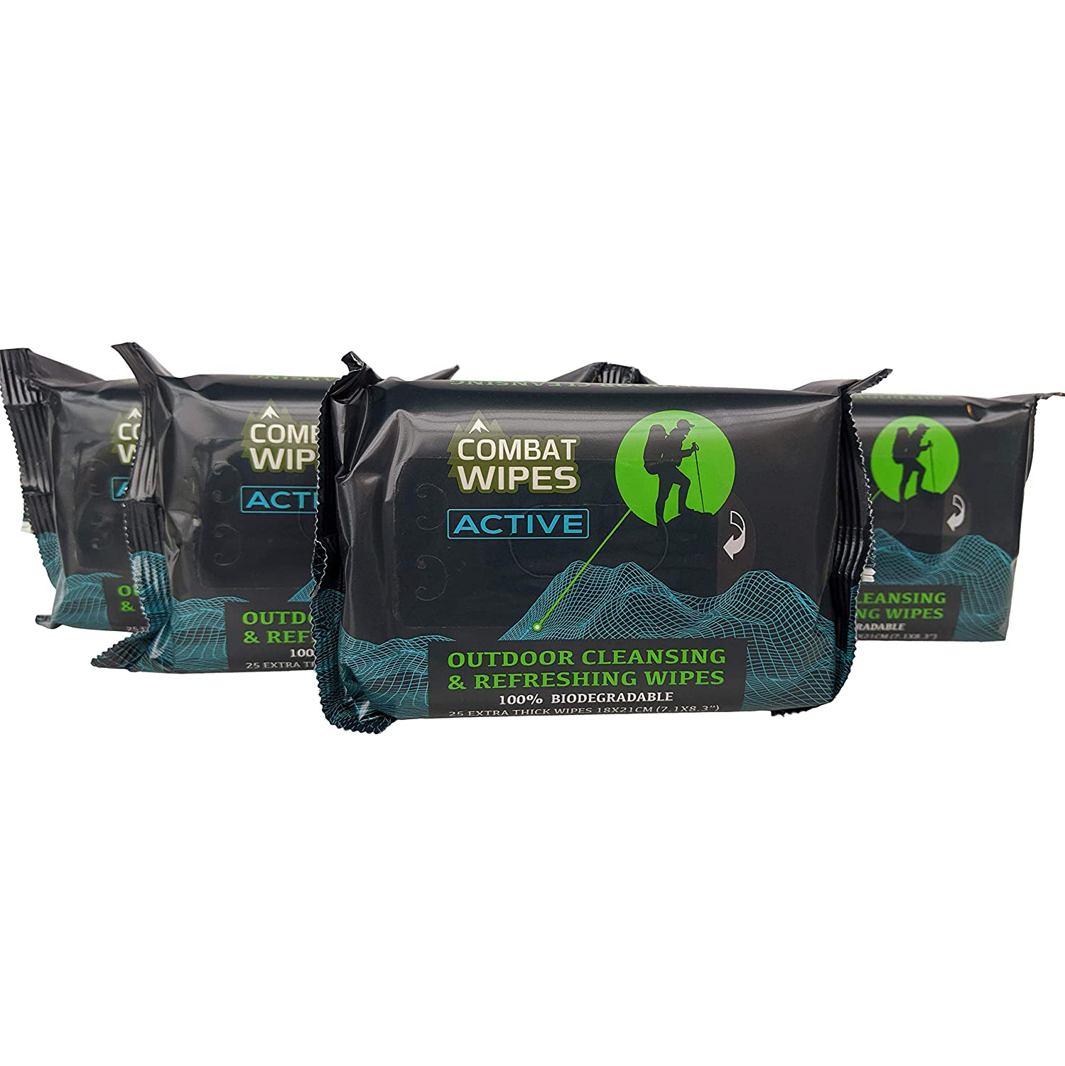 Combat Wipes ACTIVE Outdoor Wet Wipes | Extra Thick, Ultralight, Biodegradable, Body & Hand Cleansing/Refreshing Cloths for Camping, Gym & Backpacking w/ Natural Aloe & Vitamin E (25 WIpes)