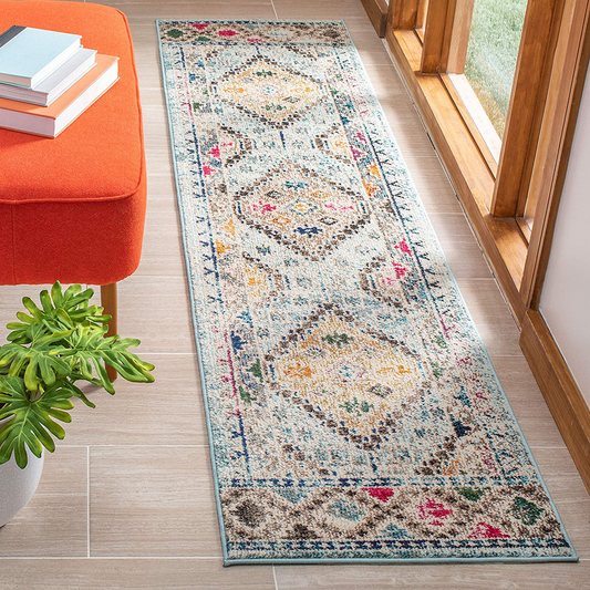 Safavieh Madison Collection MAD418K Boho Diamond Distressed Non-Shedding Stain Resistant Living Room Bedroom Runner, 2'2" x 6' , Blue / Yellow