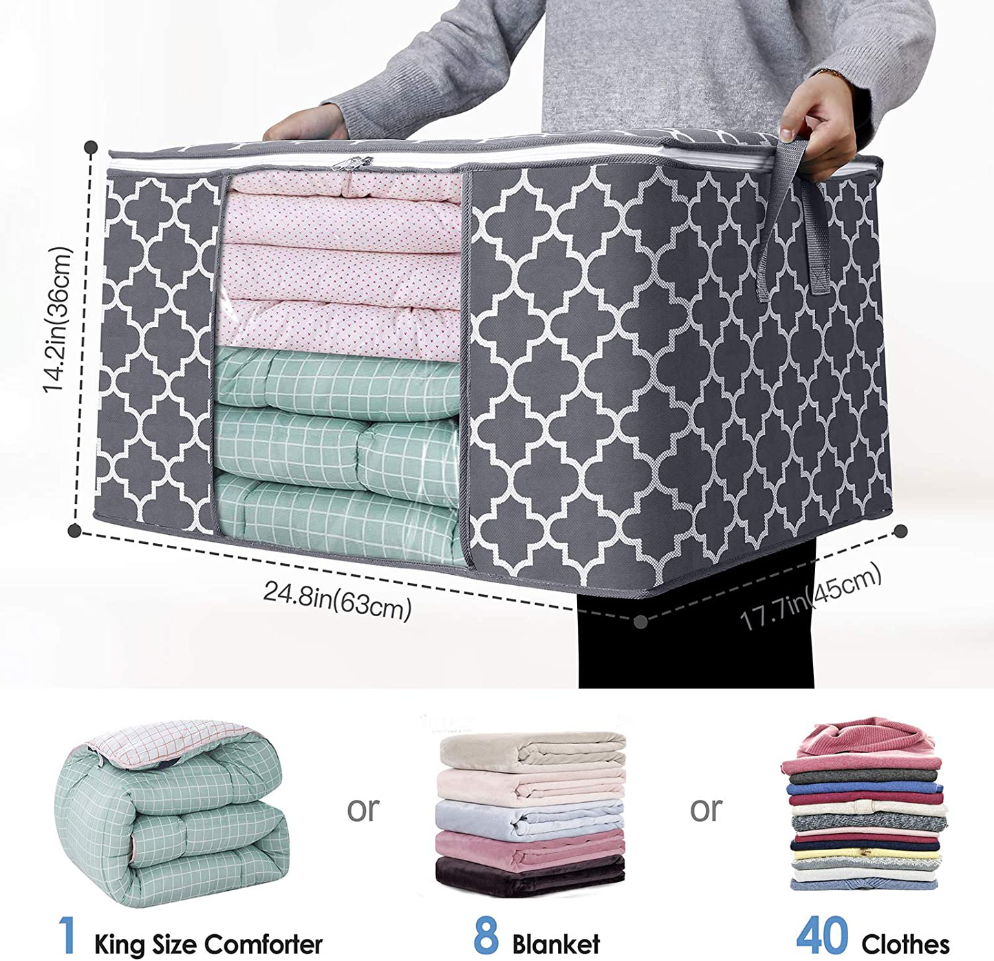 WISELIFE Storage Bags 100L 3-Pack Large Blanket Clothes Organization and Storage Containers for Bedding, Comforters, Foldable Organizer with Reinforced Handle, Clear Window, Sturdy Zippers,Grey