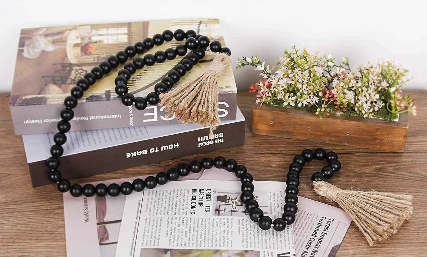 58in Wood Bead Garland with Tassels,Farmhouse Beads Rustic Country Decor Prayer Boho Beads Wall Hanging Decoration (Black)