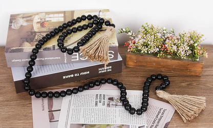 58in Wood Bead Garland with Tassels,Farmhouse Beads Rustic Country Decor Prayer Boho Beads Wall Hanging Decoration (Black)