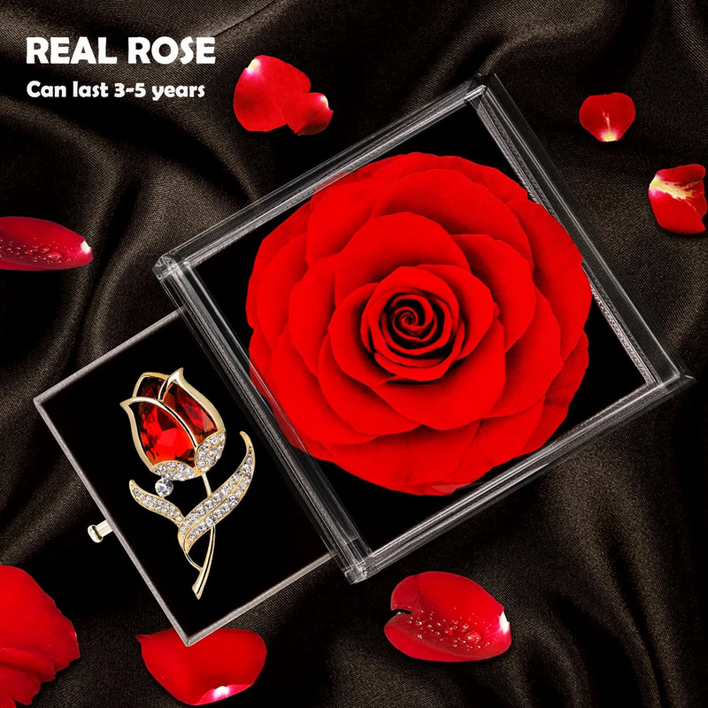 Preserved Rose Gift Box with Ruby Brooch, Eternal Rose in Jewelry Box