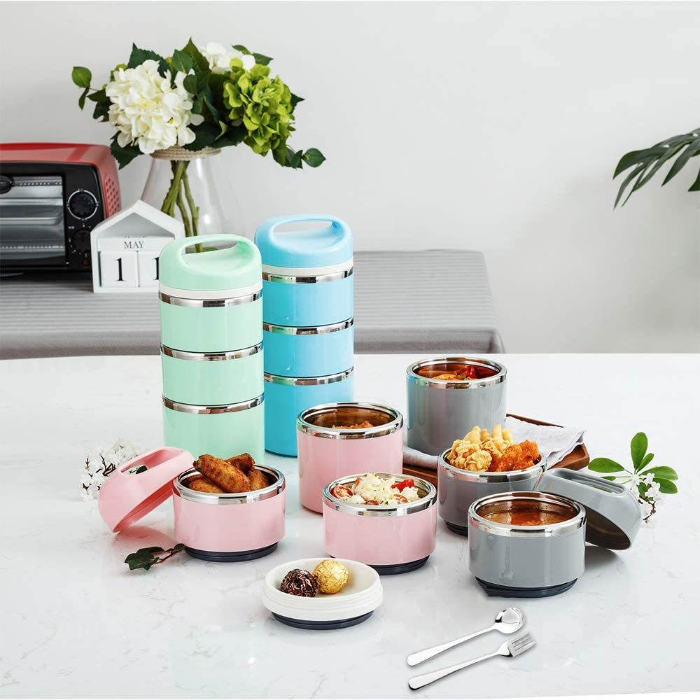 Lille Home Stackable Stainless Steel Compartment Lunch/Snack Box, 3-Tier Insulated Bento/Food Container with Upgraded Lunch Bag, Portable Cutlery Set and 3 Extra Silicone Seals, 43OZ, Gold