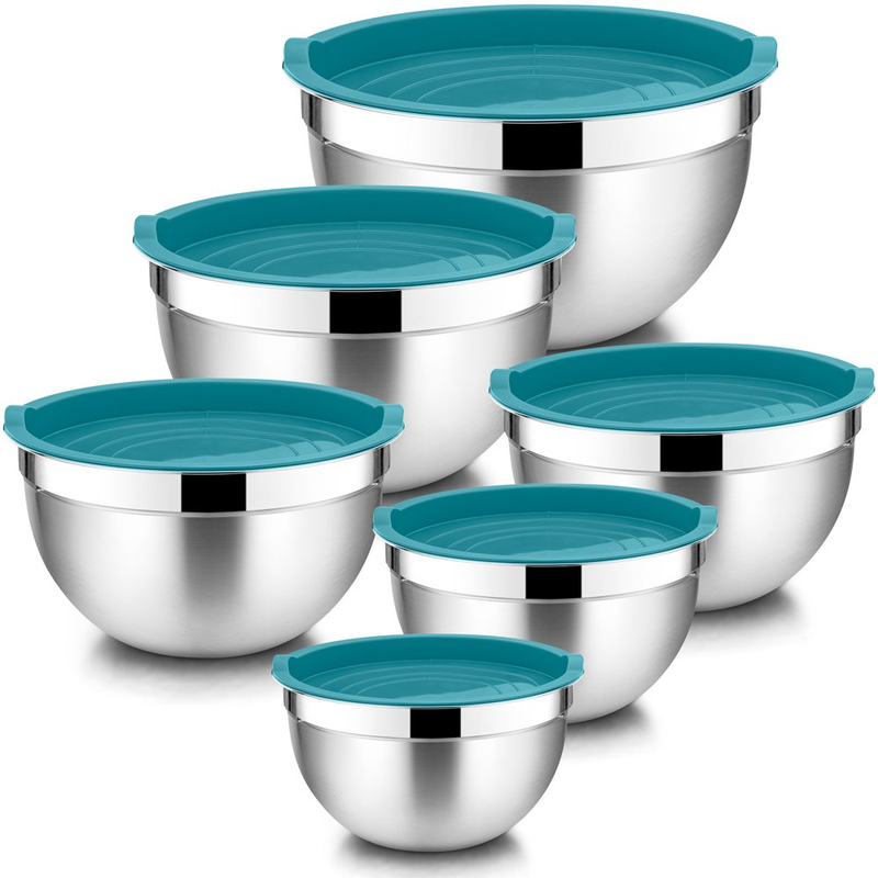 Set of 6 Mixing Bowls with Lids, Stainless Steel Metal Nesting Bowls for Cooking, Baking, Preparing & Serving