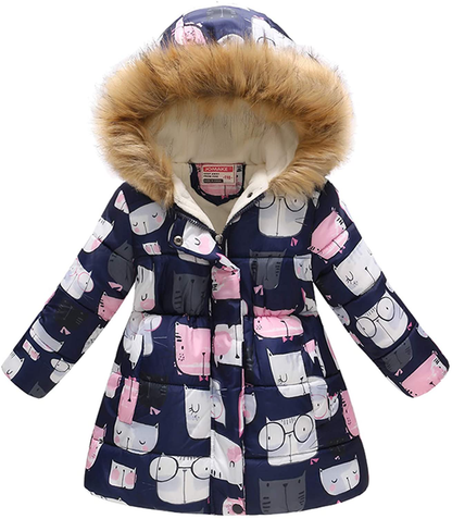 UWBACK Winter Coat for Girls Hooded Floral Print Kids Warm Cotton Parka