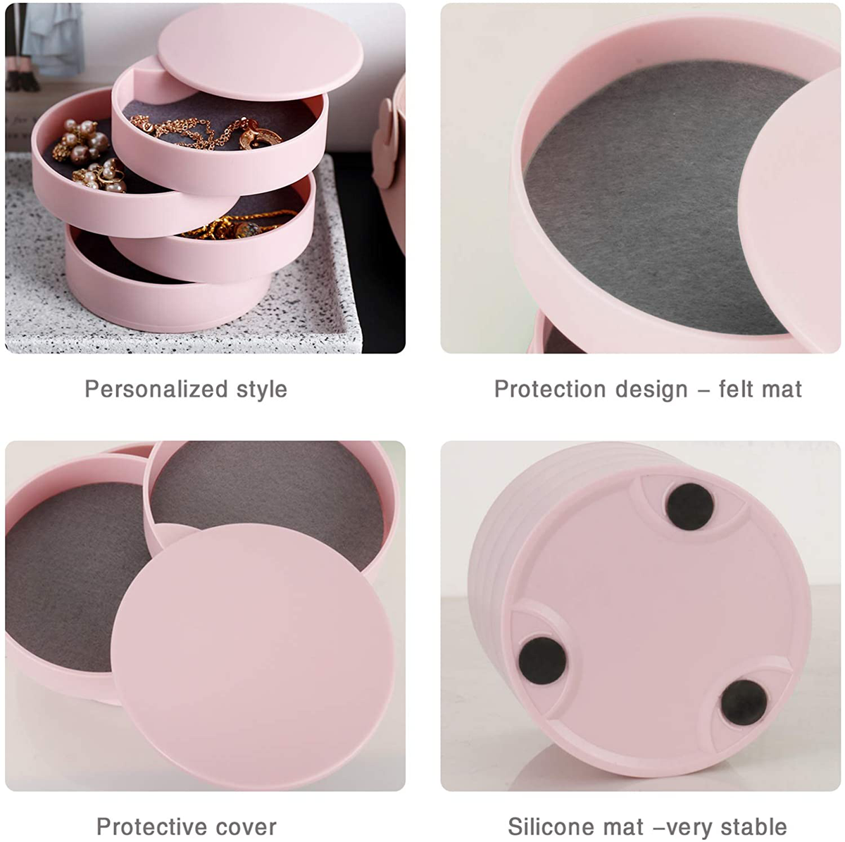 CONBOLA Jewelry Organizer, Small Jewelry Storage Box Earring Holder for Women, 4-Layer Rotating Travel Jewelry Tray Case with Lid for Bracelets Rings Bracelets (Pink)
