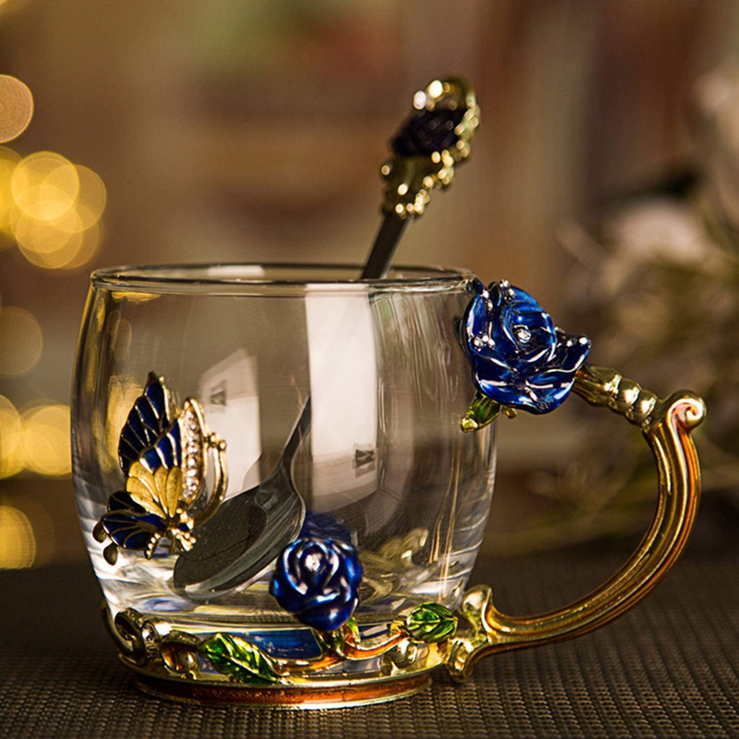 Luka Tech Enamels Butterfly flower Lead-free Glass Coffee Mugs Tea Cup with Steel Spoon, personalised Gifts For Women Wife Mom Friends Birthday Mothers Valentines Day Wedding (Blue-Tall)