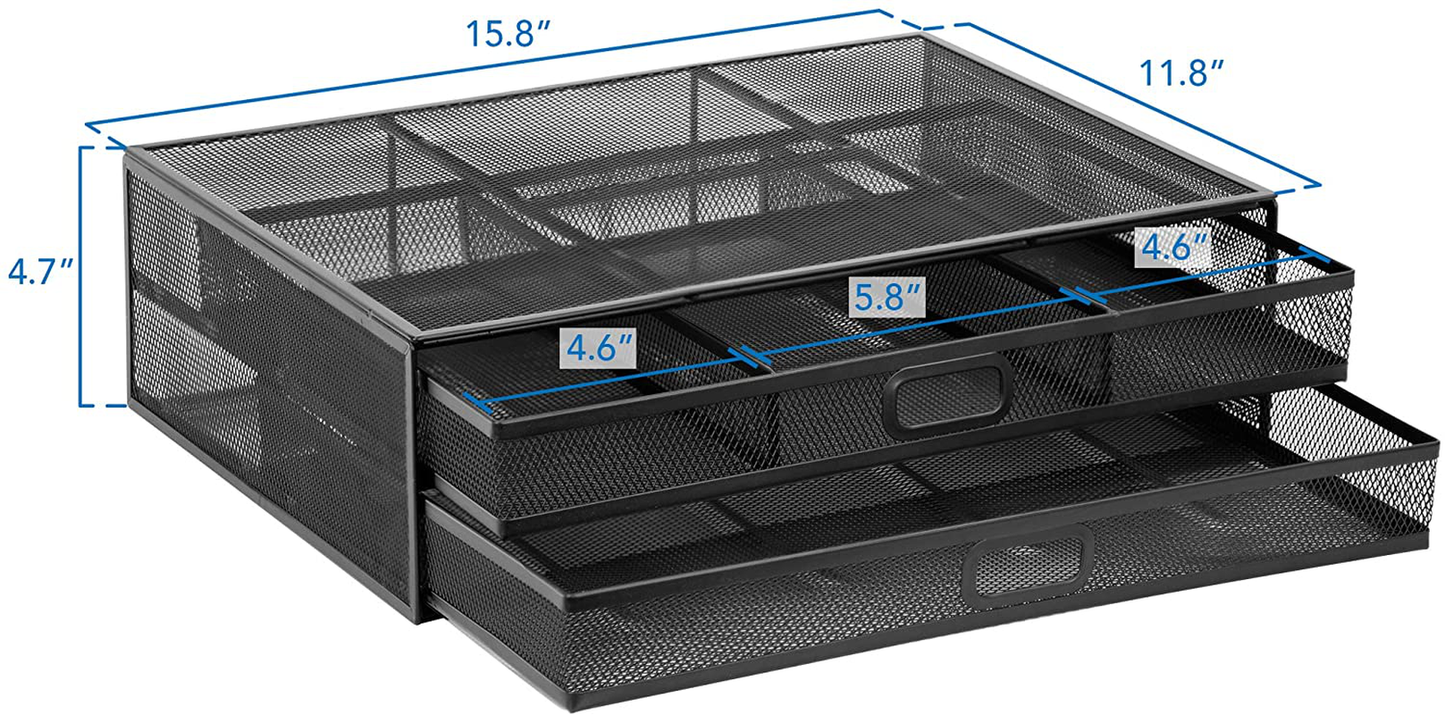 MOUNT-IT! Mesh Computer Monitor Stand Riser [Metal] Desk Organizer with Two Pullout Storage Drawers for Desktop, Laptop, and Printer Accessories and Office Supplies (Black)