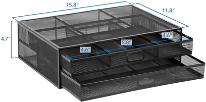 MOUNT-IT! Mesh Computer Monitor Stand Riser [Metal] Desk Organizer with Two Pullout Storage Drawers for Desktop, Laptop, and Printer Accessories and Office Supplies (Black)