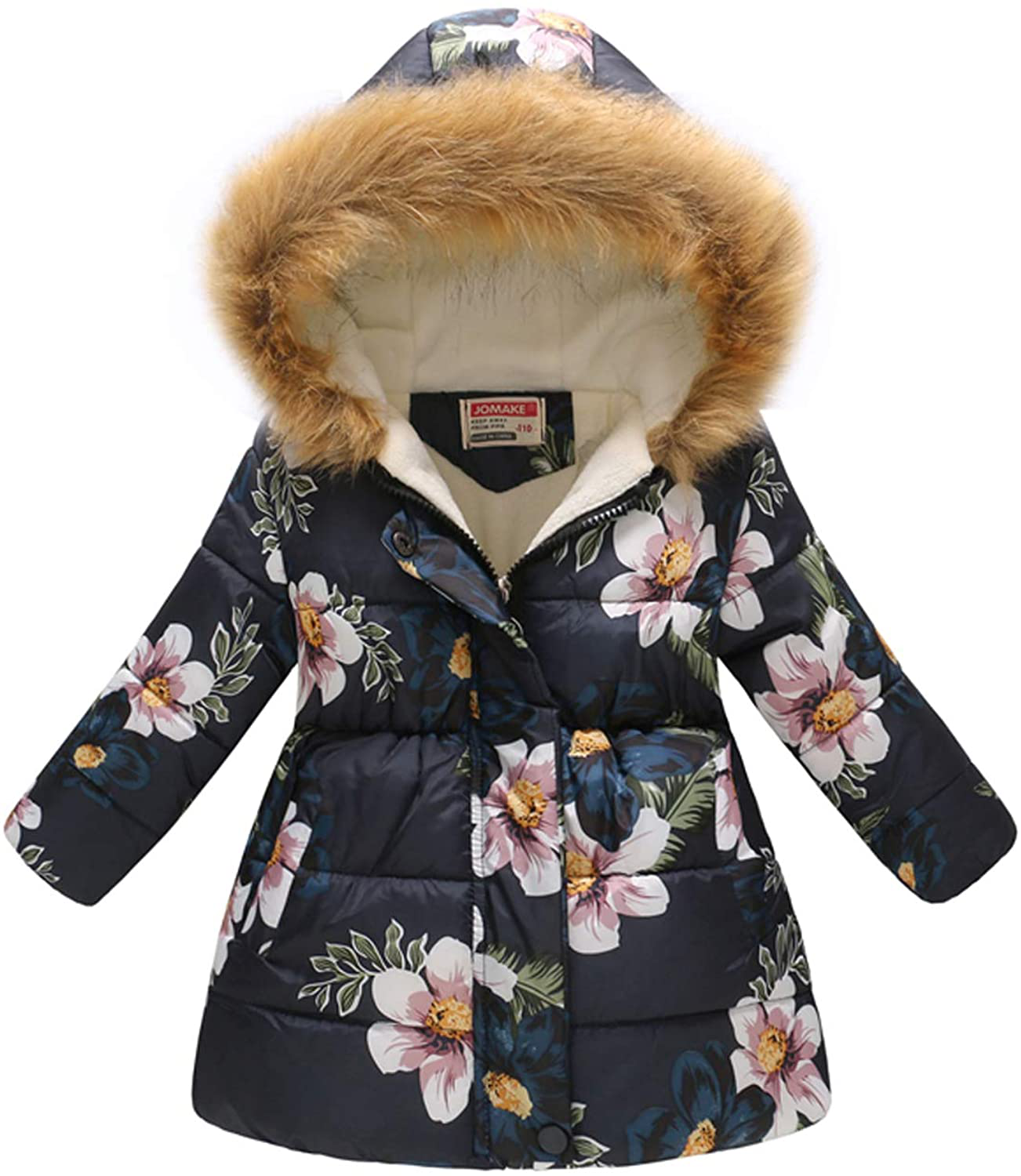 UWBACK Winter Coat for Girls Hooded Floral Print Kids Warm Cotton Parka