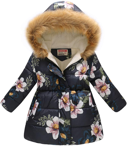 UWBACK Winter Coat for Girls Hooded Floral Print Kids Warm Cotton Parka