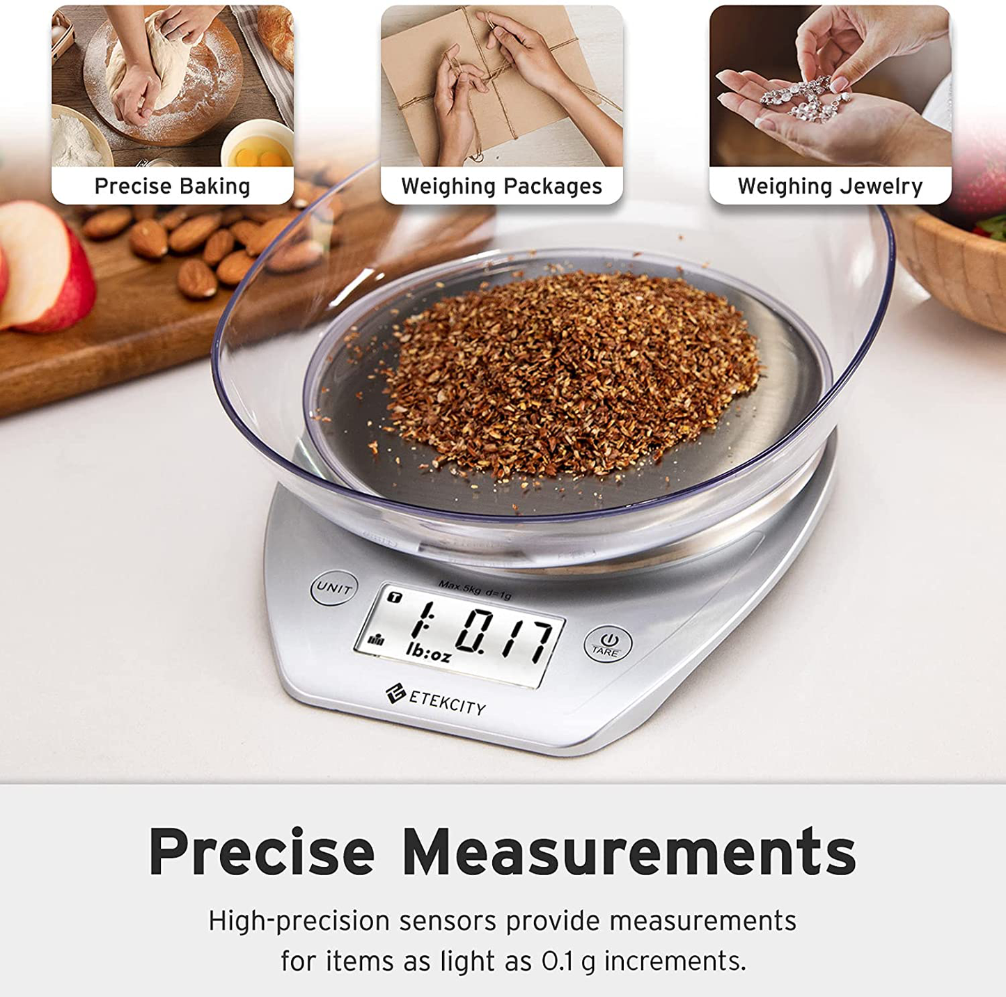 Etekcity 0.1g Food Kitchen Scale Bowl, Digital Grams and Ounces for Weight Loss, Baking, Cooking and Keto, 11lb, Red Stainless Steel