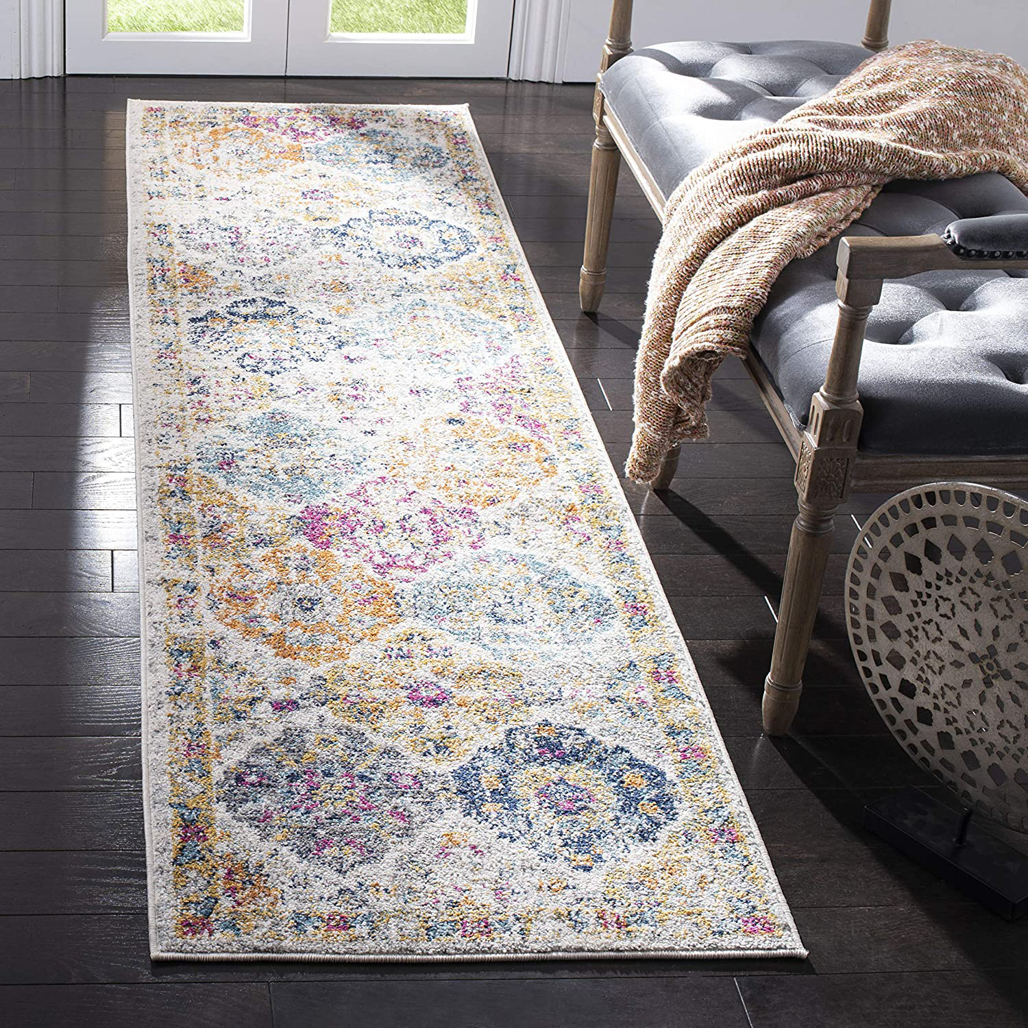 Safavieh Madison Collection MAD611B Boho Chic Floral Medallion Trellis Distressed Non-Shedding Stain Resistant Living Room Bedroom Runner, 2'3" x 12' , Cream / Multi
