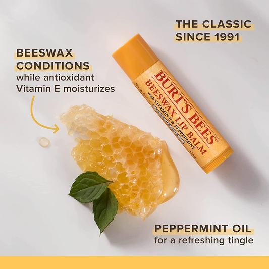 Burt's Bees 100% Natural Moisturizing Lip Balm, Original Beeswax with Vitamin E & Peppermint Oil – 4 Count